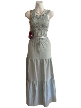 NWT GLG Green Striped Smocked Maxi Skirt Set S